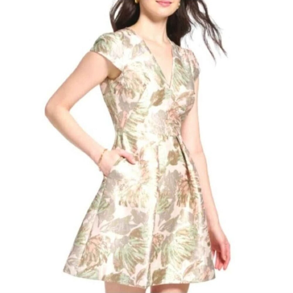 Vince Camuto Women Blush Metallic Jacquard Pleated Cap Fit Flare Dress 4 M